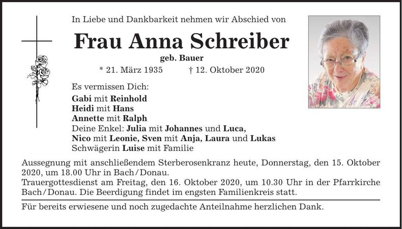 Traueranzeige Anna Schreiber