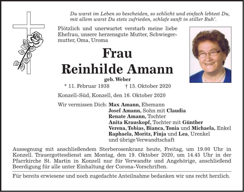 Traueranzeige Reinhilde Amann