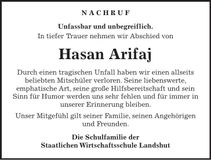 Traueranzeige Hasan Arifaj
