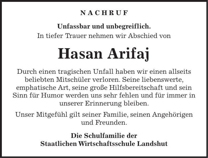 Traueranzeige Hasan Arifaj