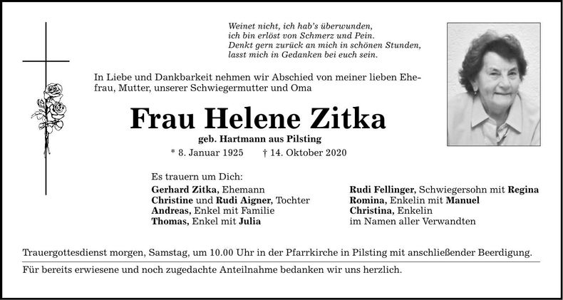 Traueranzeige Helene Zitka