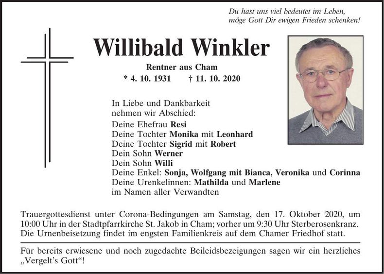 Traueranzeige Willibald Winkler