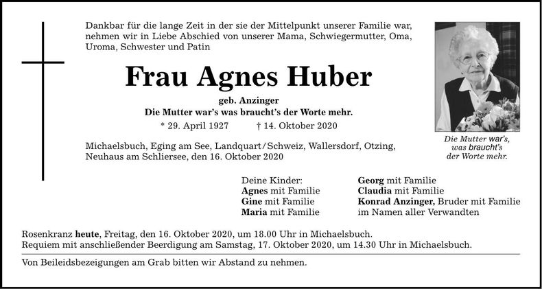 Traueranzeige Agnes Huber