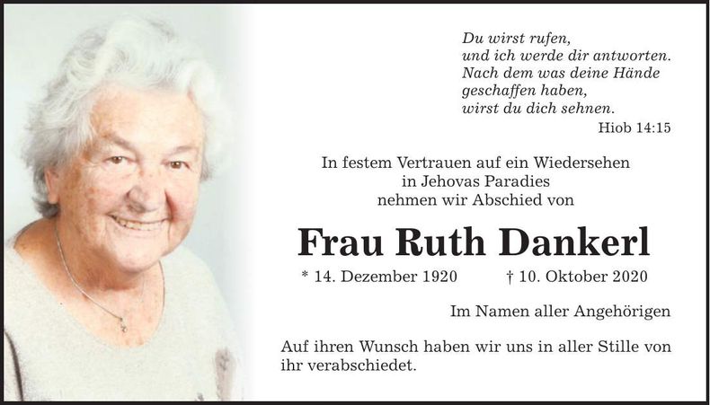 Traueranzeige Ruth Dankerl