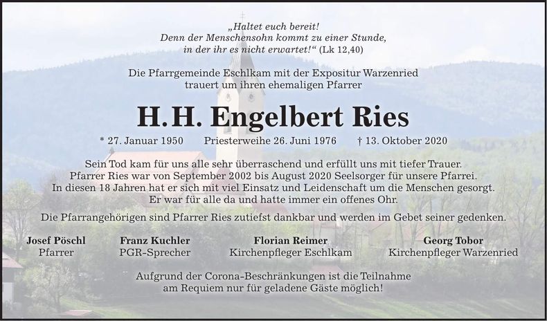 Traueranzeige Engelbert Ries