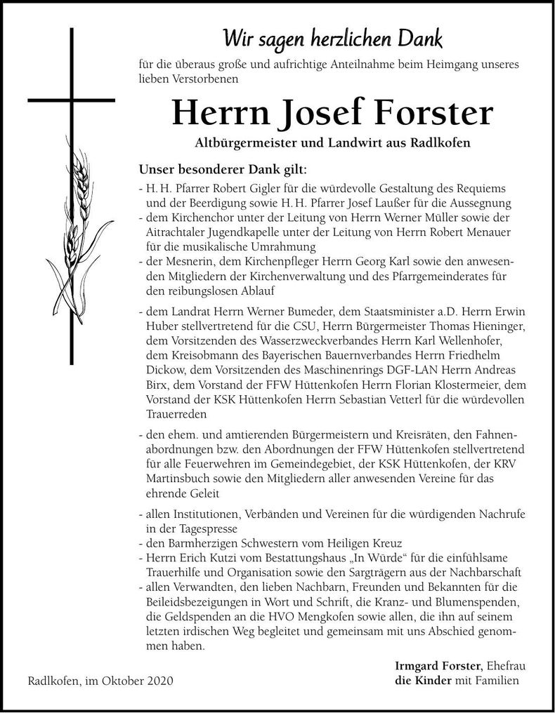 Traueranzeige Josef Forster