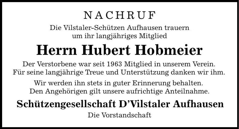 Traueranzeige Hubert Hobmeier