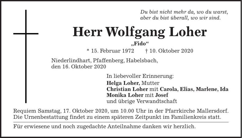 Traueranzeige Wolfgang Loher