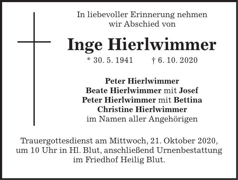 Traueranzeige Inge Hierlwimmer