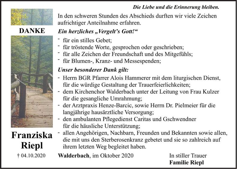 Traueranzeige Franziska Riepl