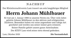 Traueranzeige Johann Mühlbauer