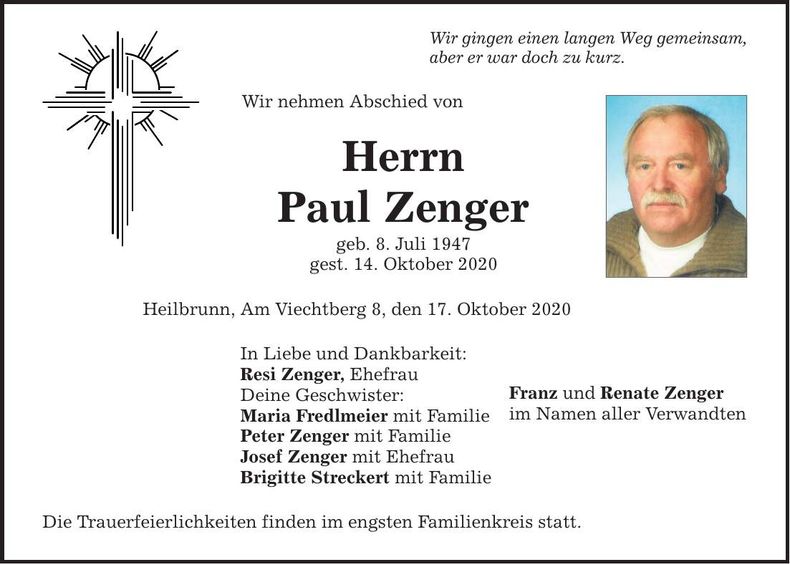 Traueranzeige Paul Zenger