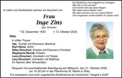 Traueranzeige Inge Zins