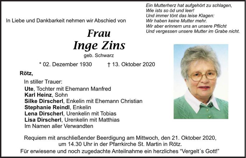 Traueranzeige Inge Zins