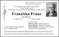 Traueranzeige Franziska Franz