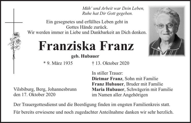 Traueranzeige Franziska Franz