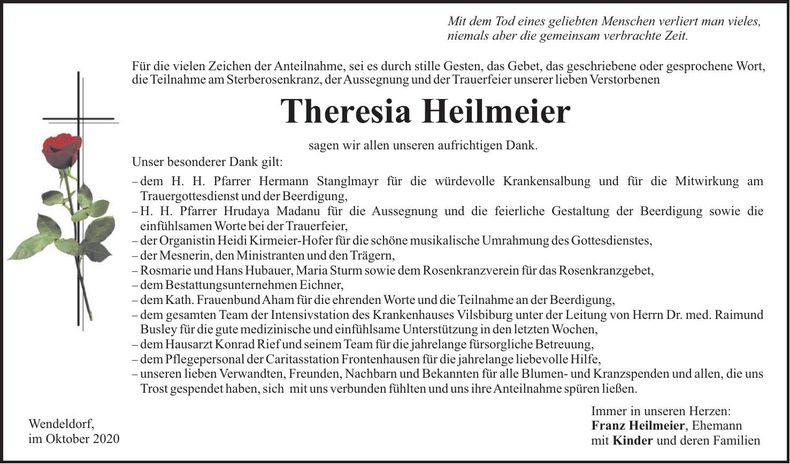 Traueranzeige Theresia Heilmeier