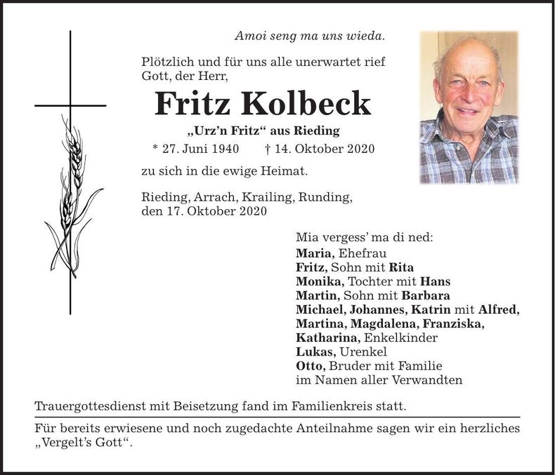Traueranzeige Fritz Kolbeck