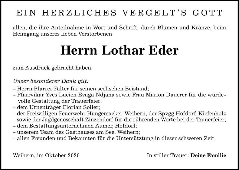 Traueranzeige Lothar Eder