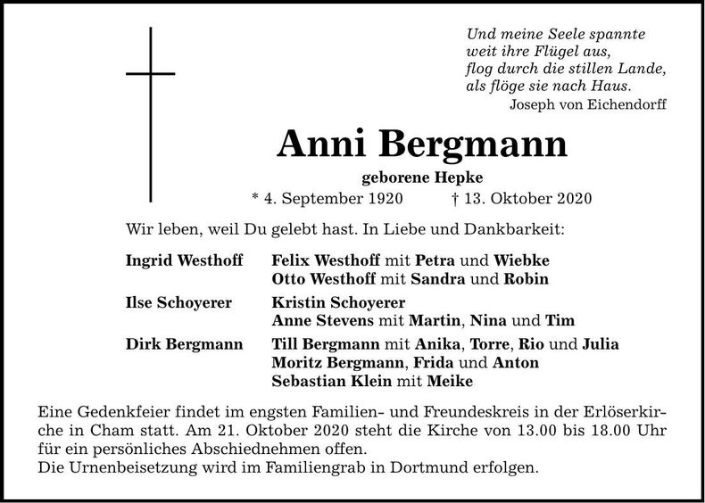 Traueranzeige Anni Bergmann