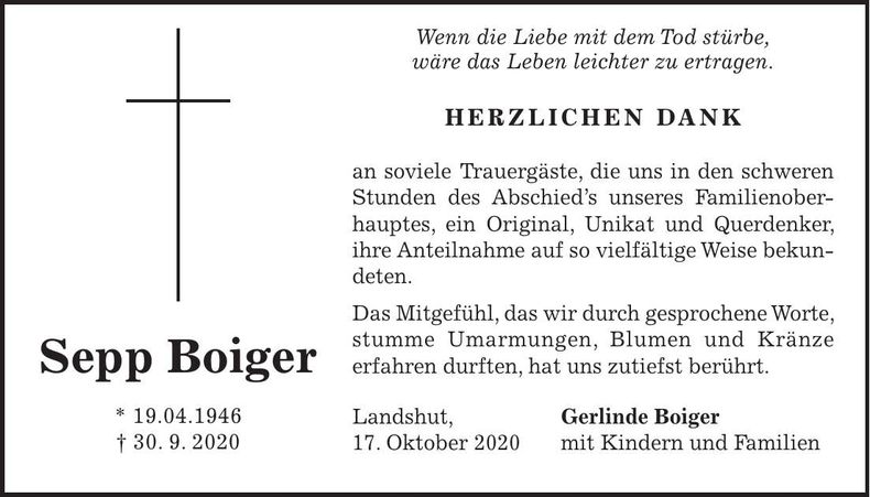 Traueranzeige Sepp Boiger