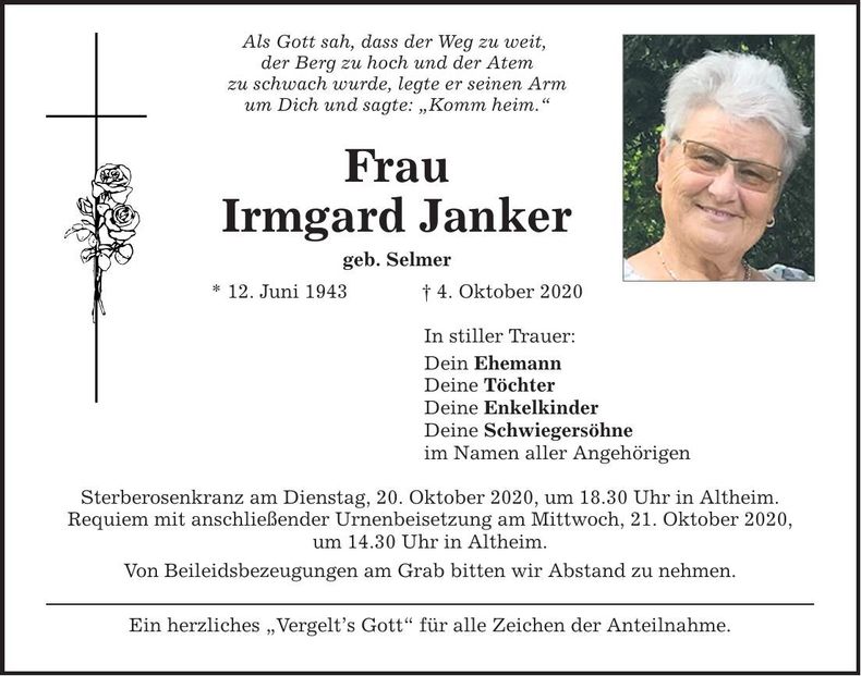 Traueranzeige Irmgard Janker