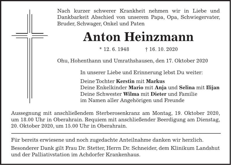 Traueranzeige Anton Heinzmann