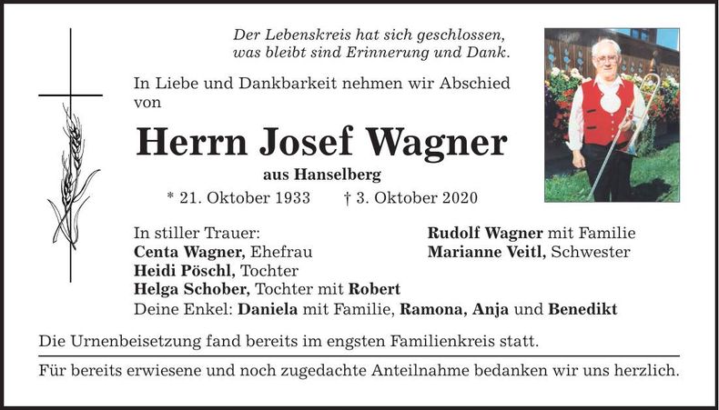 Traueranzeige Josef Wagner