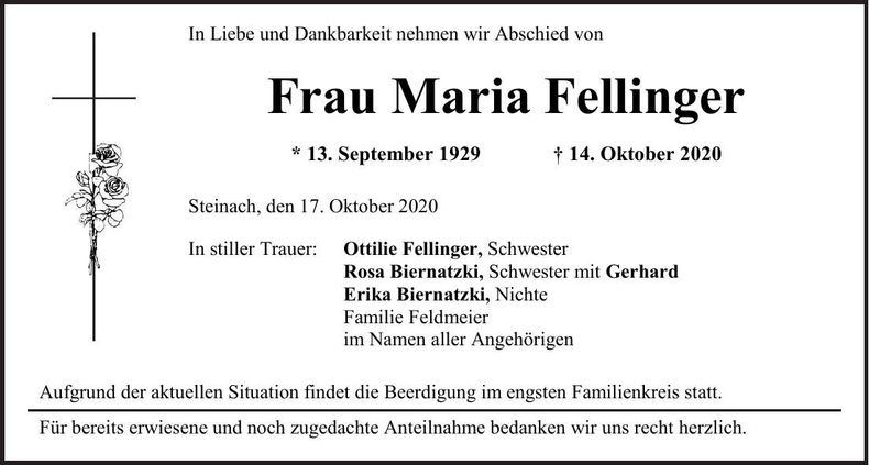 Traueranzeige Maria Fellinger