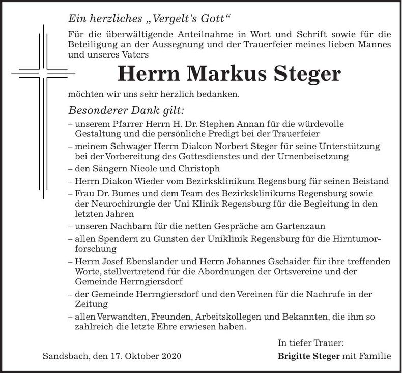 Traueranzeige Markus Steger