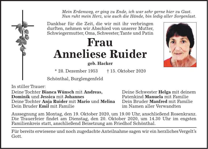 Traueranzeige Anneliese Ruider