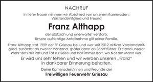 Traueranzeige Franz Althapp