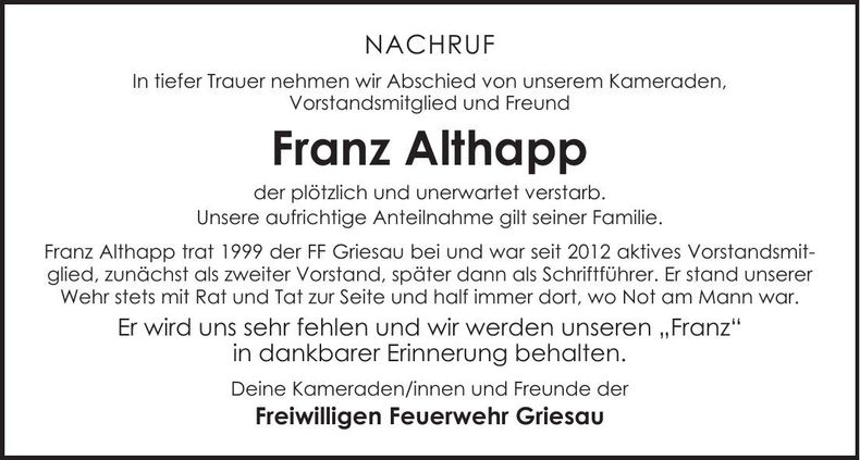 Traueranzeige Franz Althapp