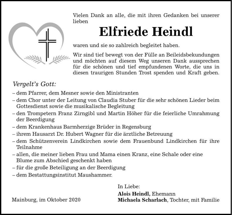 Traueranzeige Elfriede Heindl