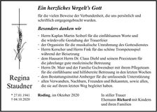 Traueranzeige Regina Staudner