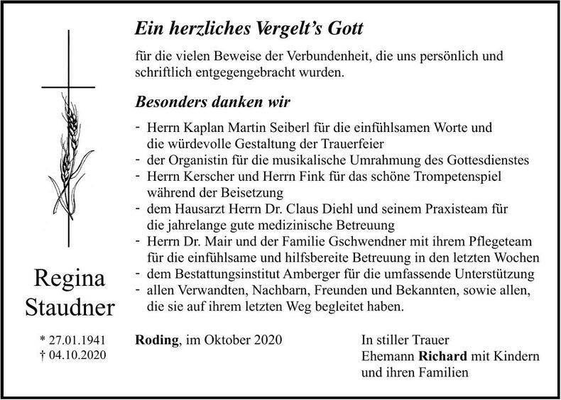 Traueranzeige Regina Staudner