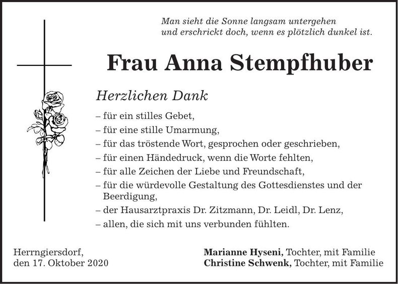 Traueranzeige Anna Stempfhuber