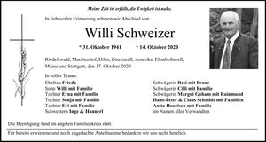 Traueranzeige Willi Schweizer