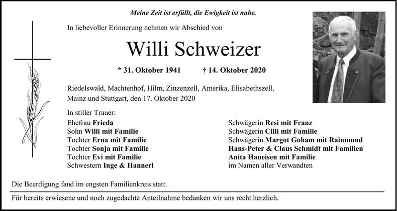Traueranzeige Willi Schweizer