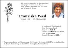 Traueranzeige Franziska Wasl