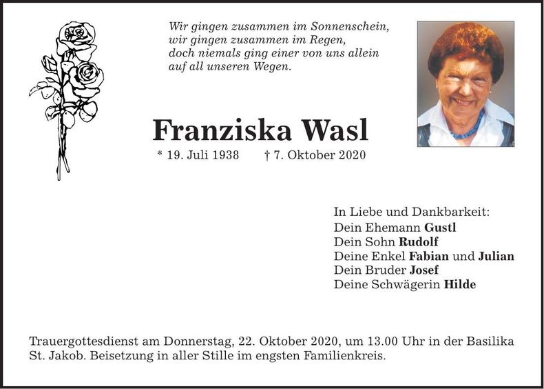 Traueranzeige Franziska Wasl