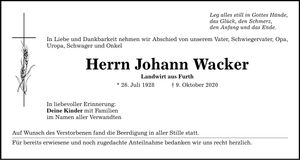 Traueranzeige Johann Wacker