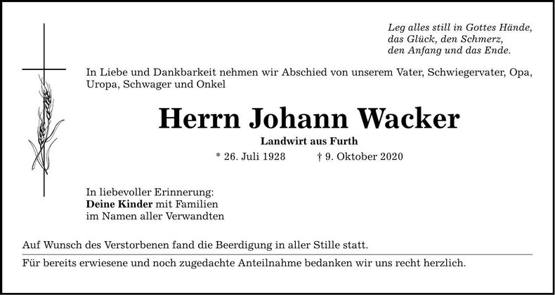 Traueranzeige Johann Wacker