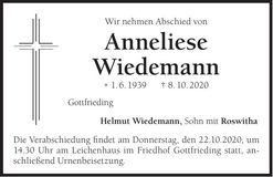 Traueranzeige Anneliese Wiedemann