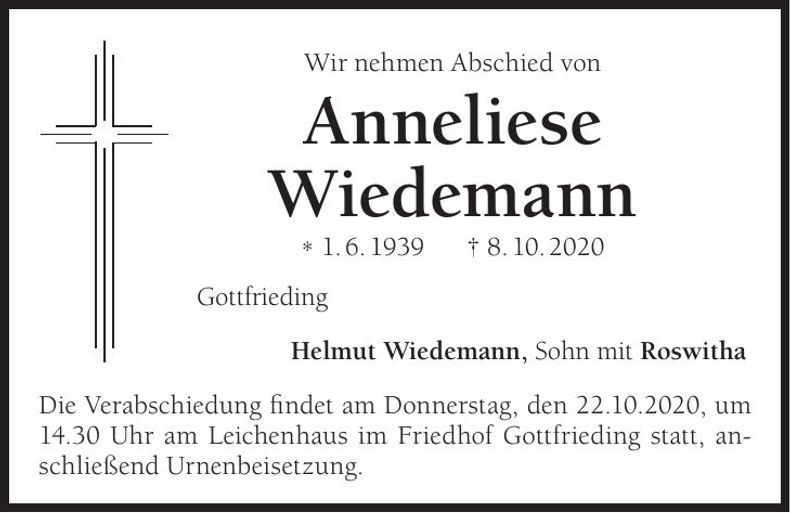 Traueranzeige Anneliese Wiedemann