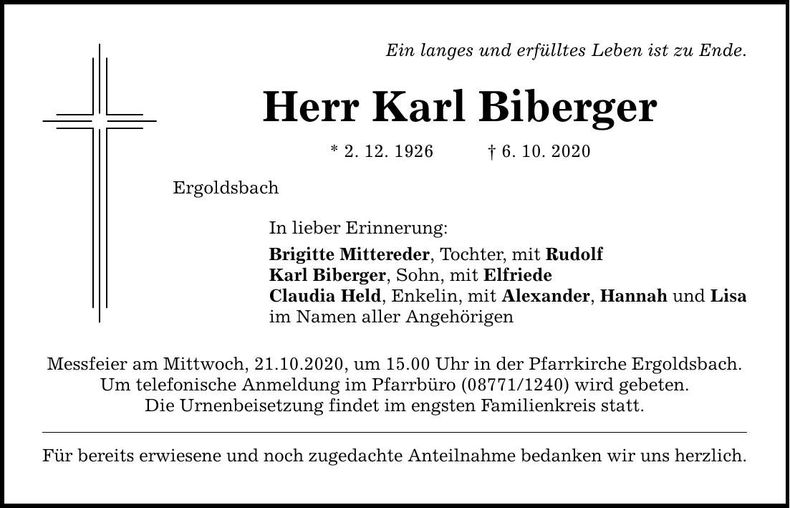 Traueranzeige Karl Biberger