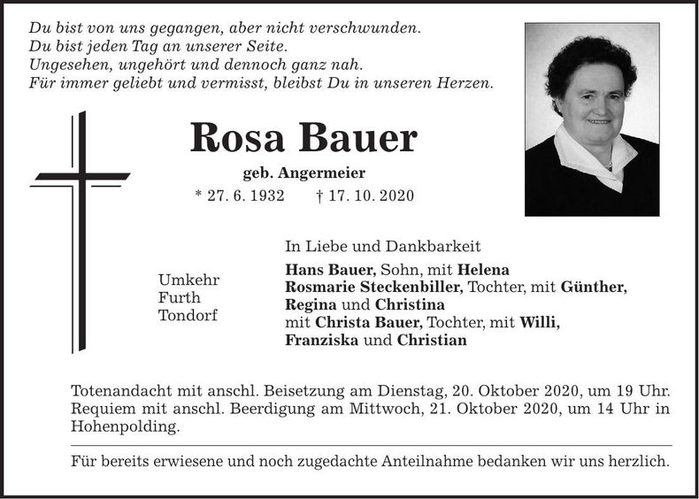 Traueranzeige Rosa Bauer
