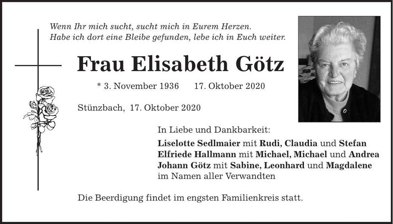 Traueranzeige Elisabeth Götz