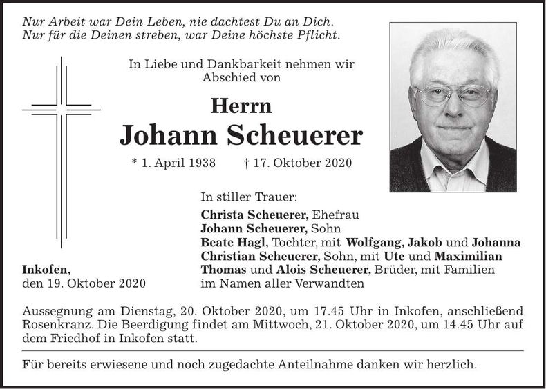 Traueranzeige Johann Scheuerer