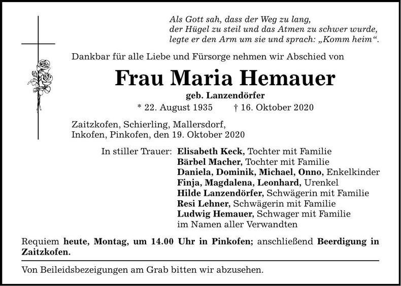 Traueranzeige Maria Hemauer